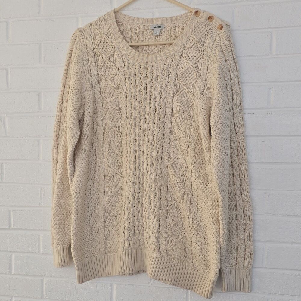 L.L. Bean Sweater XL Cotton Cable-Knit Beige Button Accents Pullover